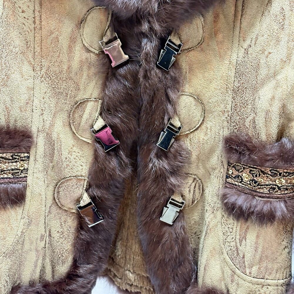VTG Cache Penny Lane Suede Faux Fur Trim Boho Afghan Toggle Jacket Women’s 6 - Picture 9 of 15